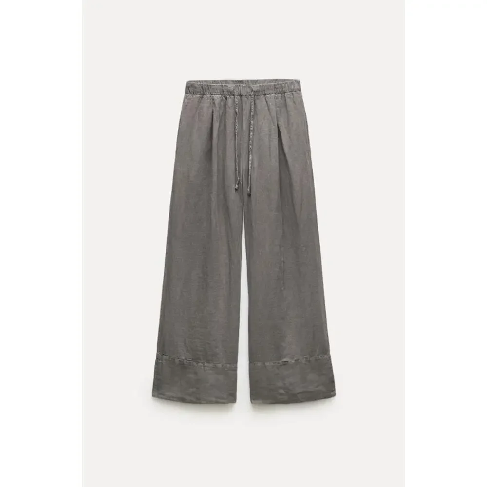 Zara Pure Linen Wide Leg Palazzo Pants Taupe Gray Size S